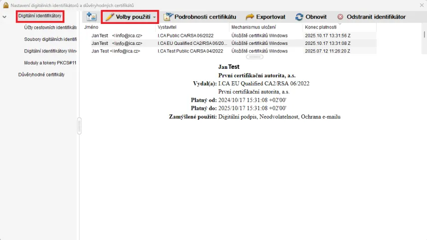 Adobe - výběr certifikátu